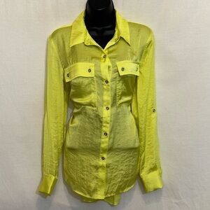 C-120 DKNY Yellow High Low Long Sleeve Button Down Blouse Size‎ S